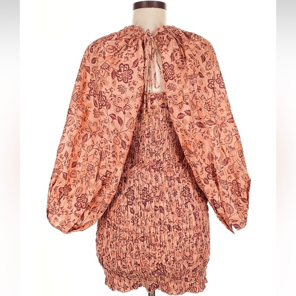 NEW Free People Smocked Floral Mini Dress Open Back Tie Boho Size M - Picture 5 of 10